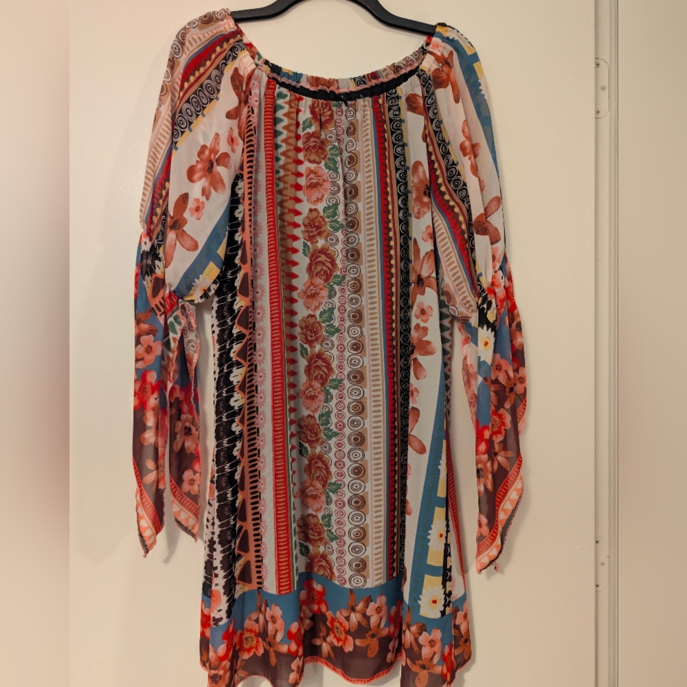 New Directions Boho Floral Striped Off-Shoulder Dress Bell Sleeve Crochet L